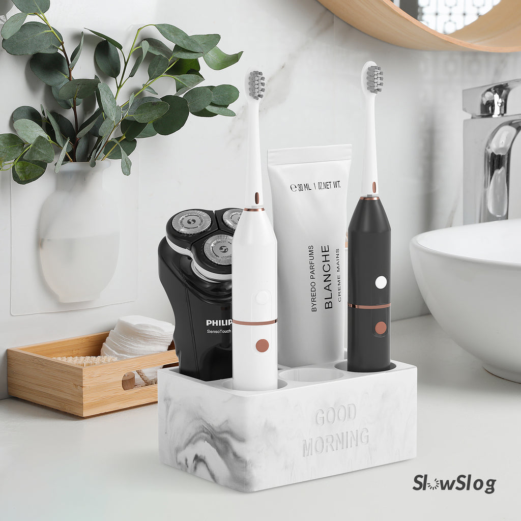 Diatomite Quick Dry Electric Toothbrush Holder, 5 Slots Fast Absorbent Stone Toothpaste Organizer, Bathroom Countertop Storage Rack, White