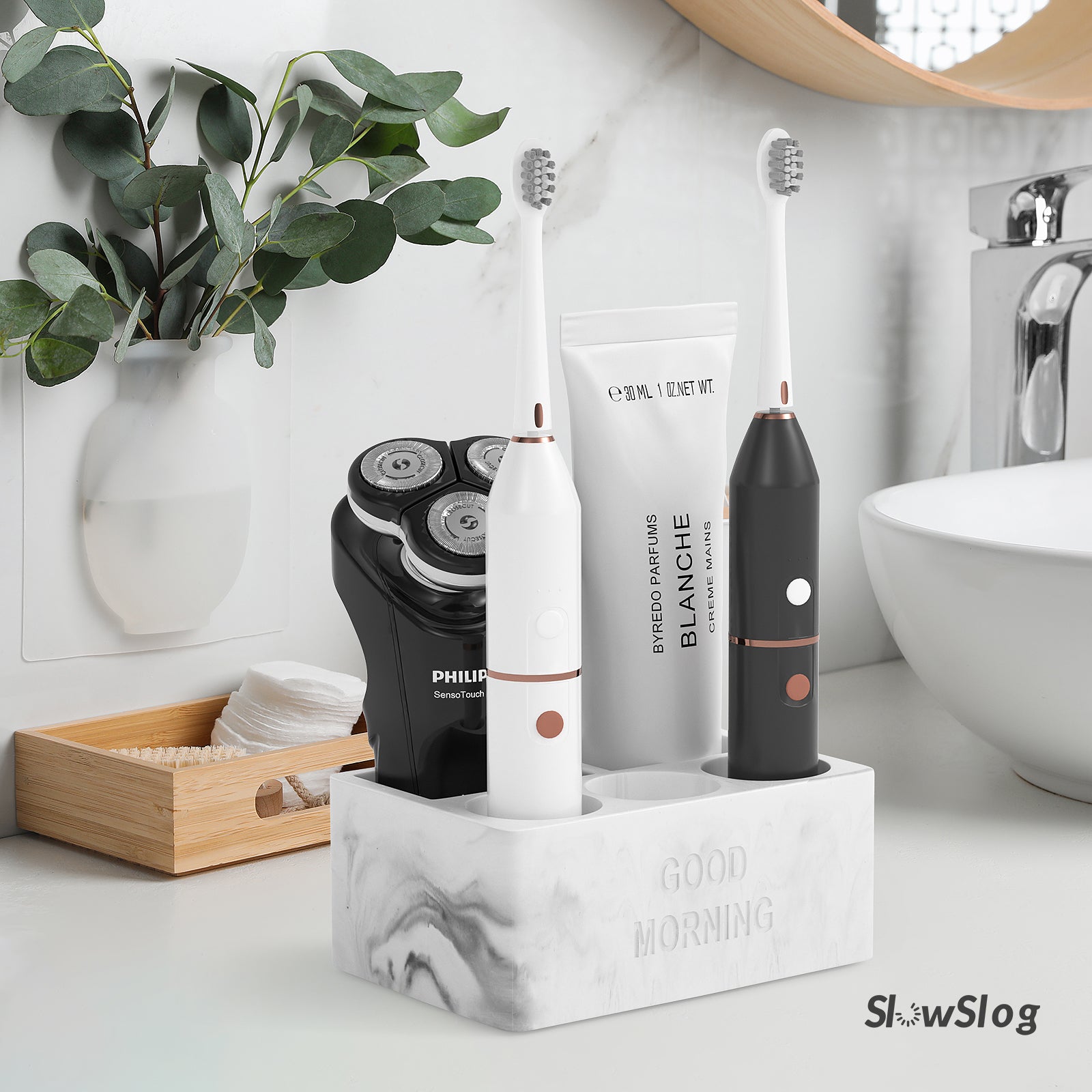 Diatomite Quick Dry Electric Toothbrush Holder, 5 Slots Fast Absorbent Stone Toothpaste Organizer, Bathroom Countertop Storage Rack, White