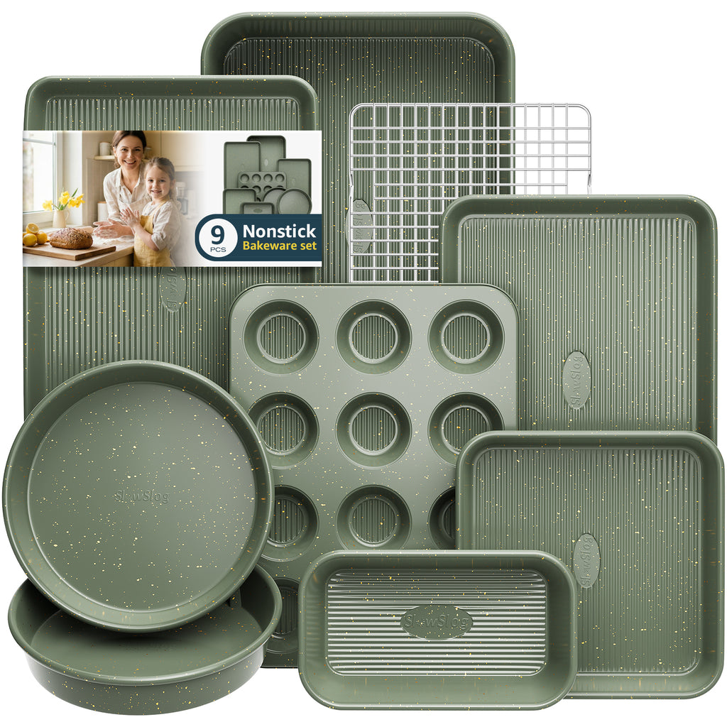 9pc Nonstick Ceramic Carbon Steel Bakeware Set, Stackable Oven Safe Baking Pans with Cooling Rack, Muffin & Cookie Sheet, Green