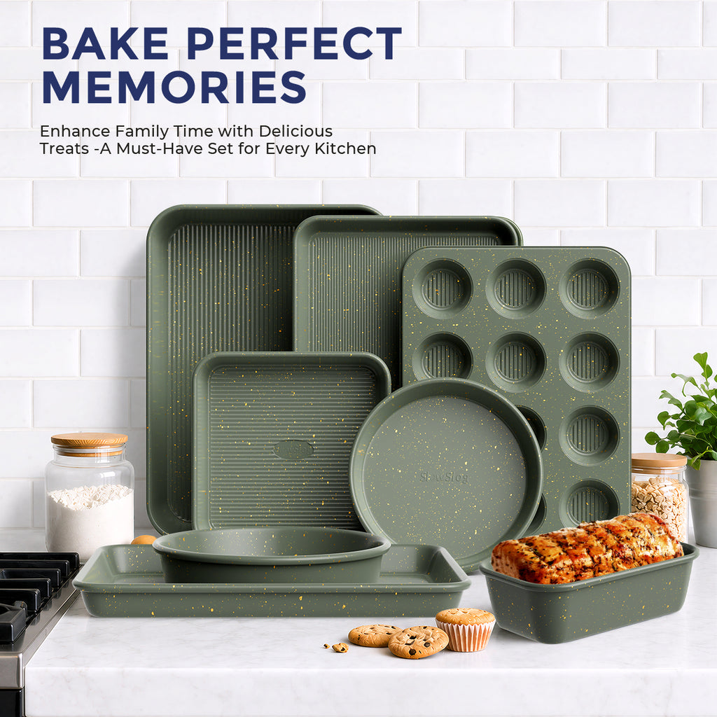9pc Nonstick Ceramic Carbon Steel Bakeware Set, Stackable Oven Safe Baking Pans with Cooling Rack, Muffin & Cookie Sheet, Green