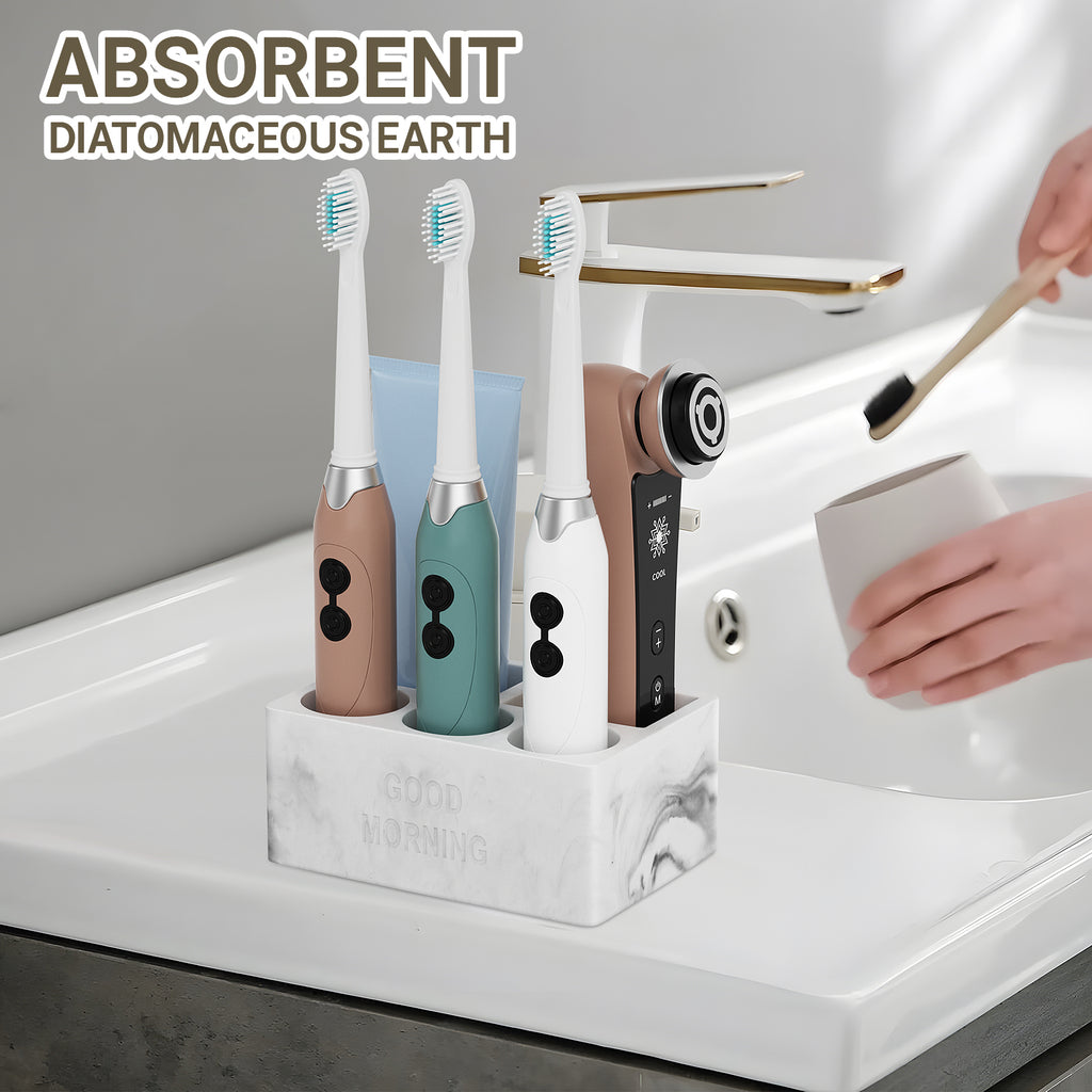 Diatomite Quick Dry Electric Toothbrush Holder, 5 Slots Fast Absorbent Stone Toothpaste Organizer, Bathroom Countertop Storage Rack, White