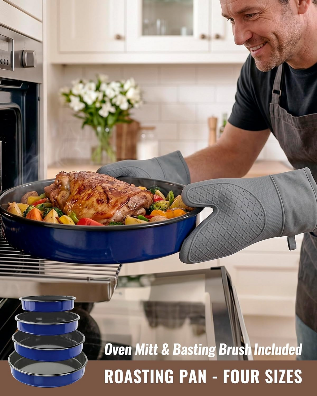 Enamel Roasting Pan Set Round Baking Dish 4-Pack 9/10/12/14 Inch Non Stick High Temperature Resistance Bakeware for Pizza & Salad, Oven Dishwasher Safe Mother Day Gift for Wife & Mom Cake Pan