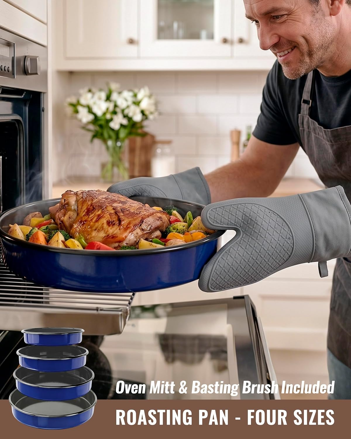 Enamel Roasting Pan Set Round Baking Dish 4-Pack 9/10/12/14 Inch Non Stick High Temperature Resistance Bakeware for Pizza & Salad, Oven Dishwasher Safe Mother Day Gift for Wife & Mom Cake Pan