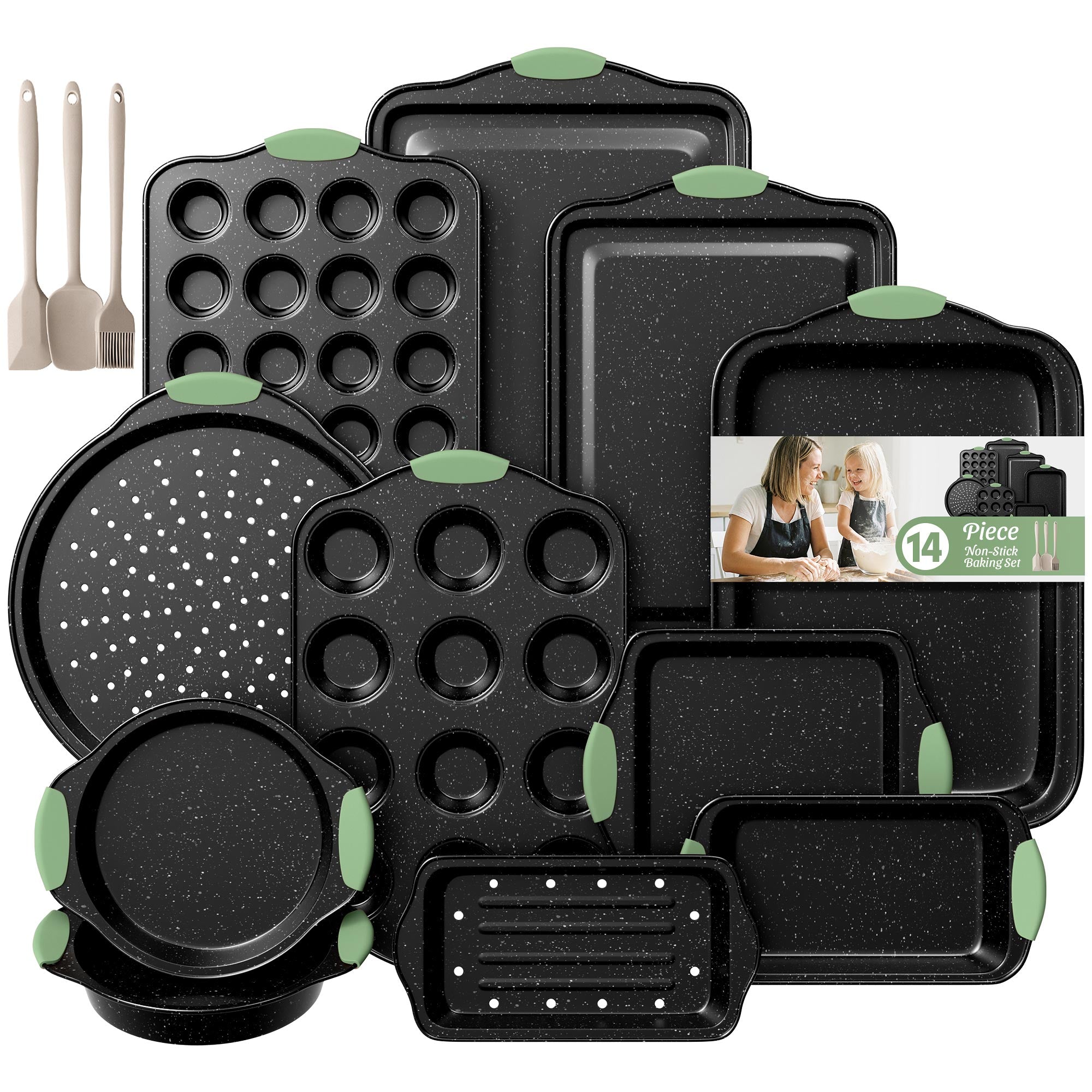 Slow Slog Nonstick Bakeware Set, 14-Piece Baking Pans Set, Stackable Baking Sheet Pans with Silicone Handles,Black&Black