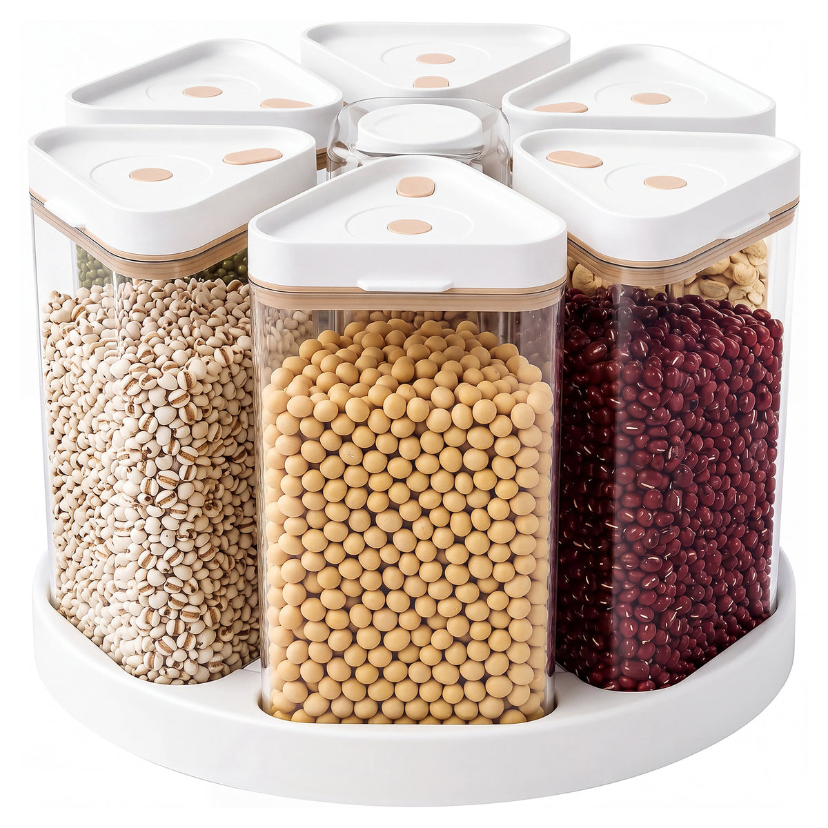 Rotating Rice Dispenser 6 Grid Cereal Dispenser for Pantry, PET Grain Canister Sets 6 Grids, 360° Rotating Grain Storage Container with Lids