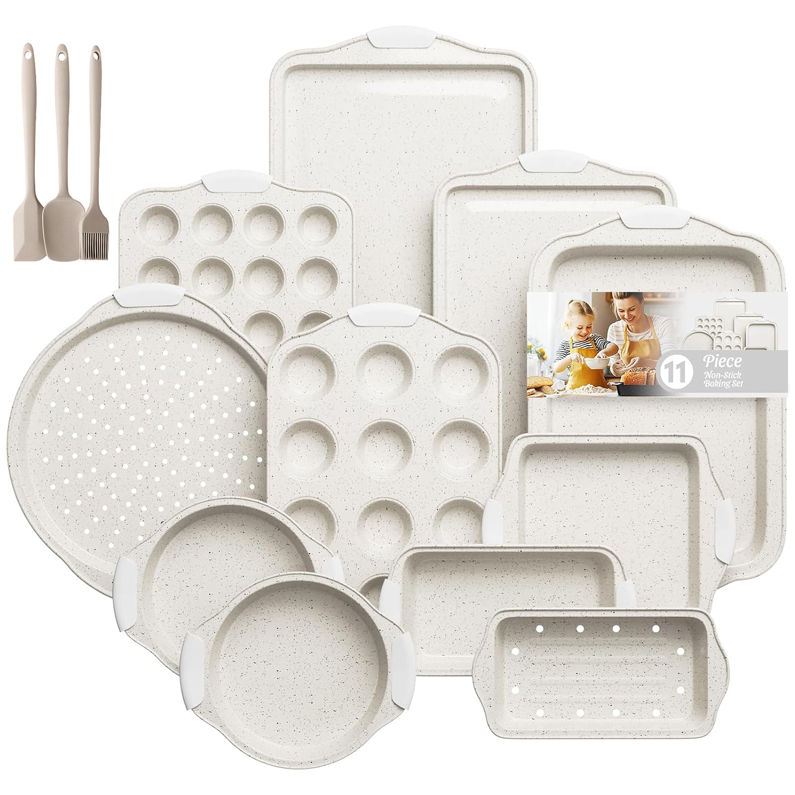 Slow Slog Nonstick Bakeware Set, 14-Piece Baking Pans Set, Stackable Baking Sheet Pans with Silicone Handles, White&White