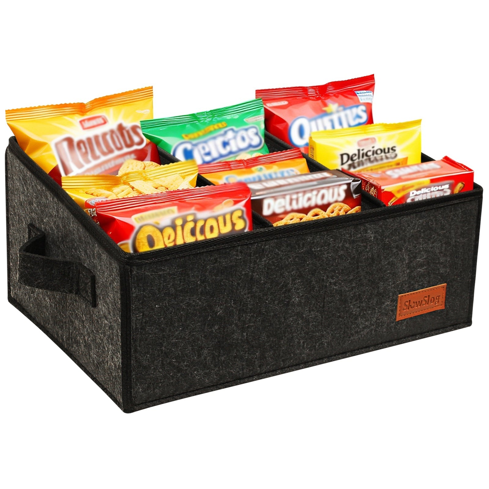 Foldable Snack Organizer 6-Compartment Fabric Snack Basket with Handles, Countertop Coffee Bar Storage Basket for Candy, Cookies, Chips and Bottled Drinks, Dark Gray