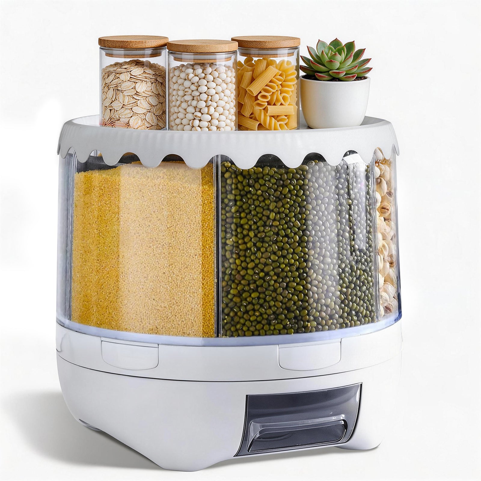 20 lbs Grain Dispenser, 360° Rotating Storage Container, 6 Grid Food Dispenser with Sealed Lid, Suitable for Grains, Beans, Rice, Peanut, Barley