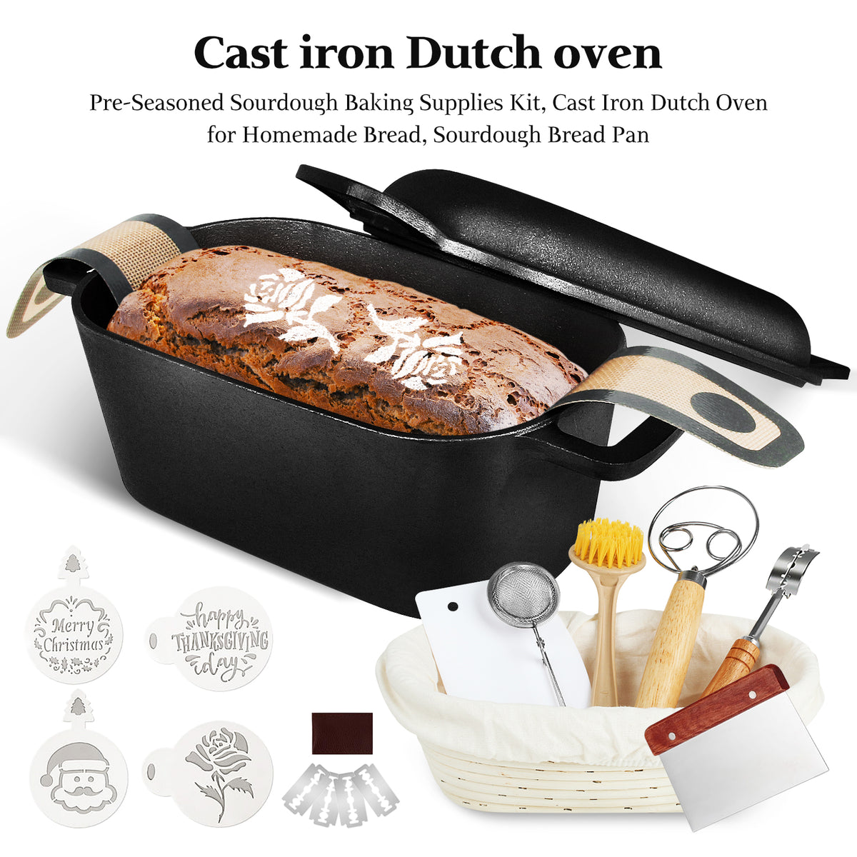 Dutch Oven for Sourdough Bread Baking and Supplies incl. Banneton, Bread Sling, Lame, Dough Whisk, Cast Iron Pot Set