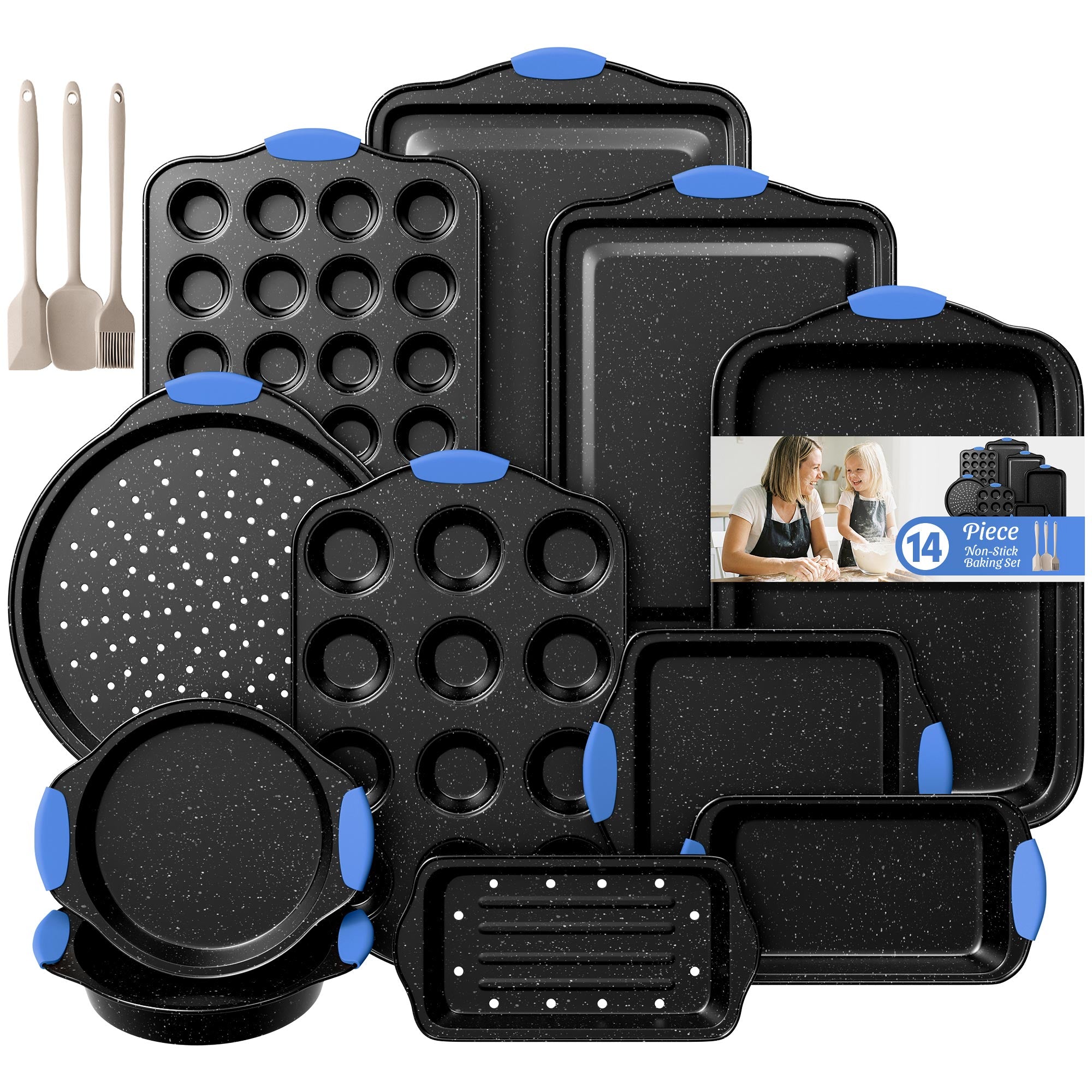 Slow Slog Nonstick Bakeware Set, 14-Piece Baking Pans Set, Stackable Baking Sheet Pans with Silicone Handles,Black&Black