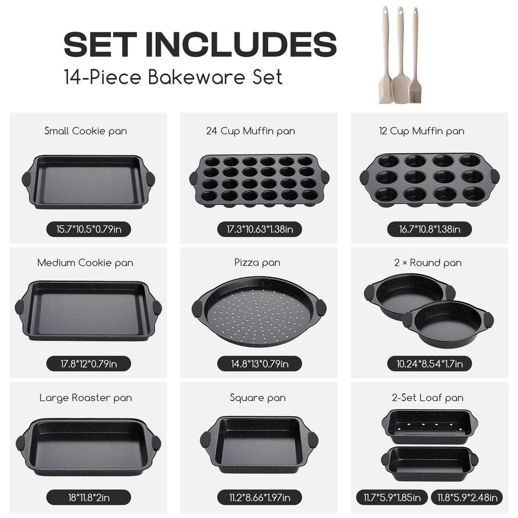 Slow Slog Nonstick Bakeware Set, 14-Piece Baking Pans Set, Stackable Baking Sheet Pans with Silicone Handles,Black&Black