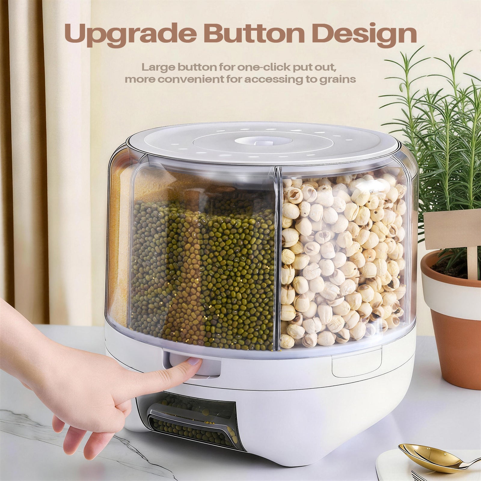 360°Rotating 20 lbs Grain Dispenser, Large Capacity 6 Grid Storage Container with Airtight Lid, Suitable for Peanuts, Barley, Rice and Grains