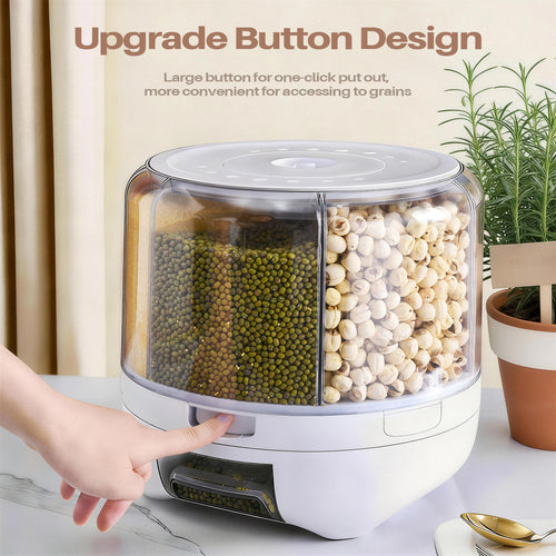 360°Rotating 20 lbs Grain Dispenser, Large Capacity 6 Grid Storage Container with Airtight Lid, Suitable for Peanuts, Barley, Rice and Grains