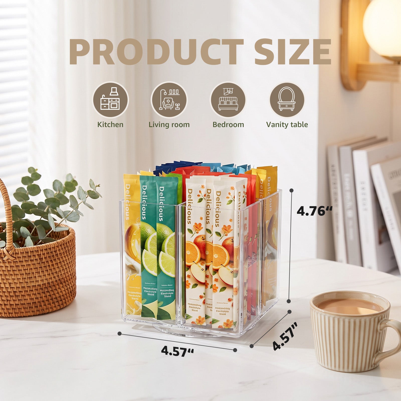 Slow Slog 360°Rotating Lazy Susan Storage Organizer,Divided Drink Packet Turntable with 4 Compartments for Kitchen & Living Room,Clear,Square