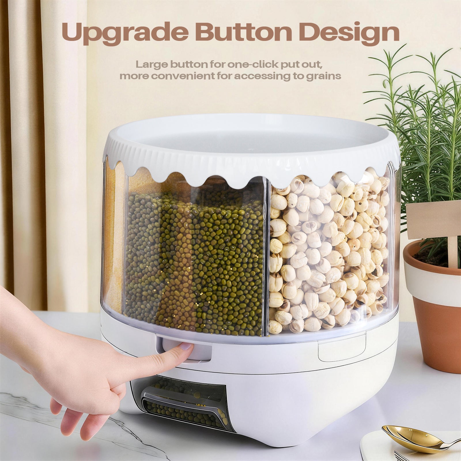20 lbs Grain Dispenser, 360° Rotating Storage Container, 6 Grid Food Dispenser with Sealed Lid, Suitable for Grains, Beans, Rice, Peanut, Barley