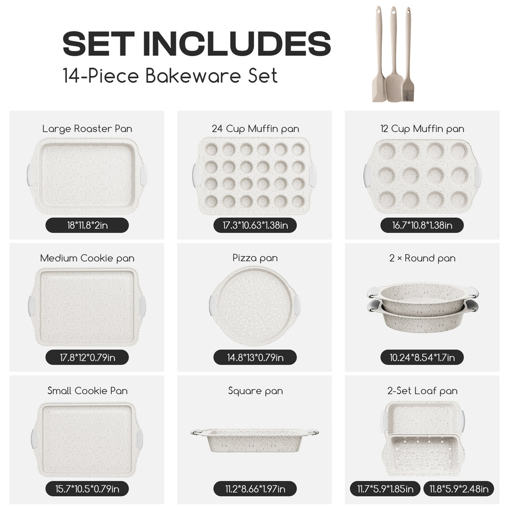 Slow Slog Nonstick Bakeware Set, 14-Piece Baking Pans Set, Stackable Baking Sheet Pans with Silicone Handles, White&White