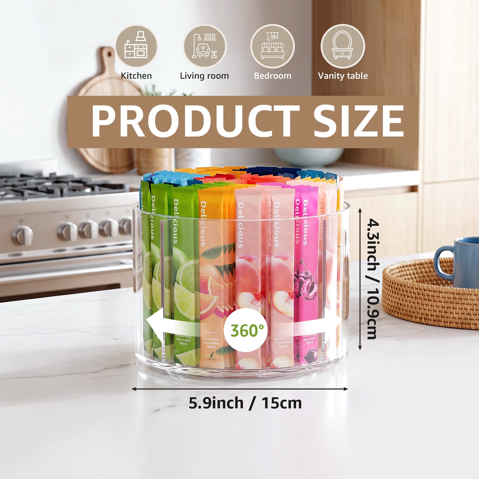 Clear 360° Rotating Lazy Susan Turntable Organizer, 4 Compartments Divided Storage Tray for Drink Packets, Countertop Storage for Kitchen Pantry Living Room