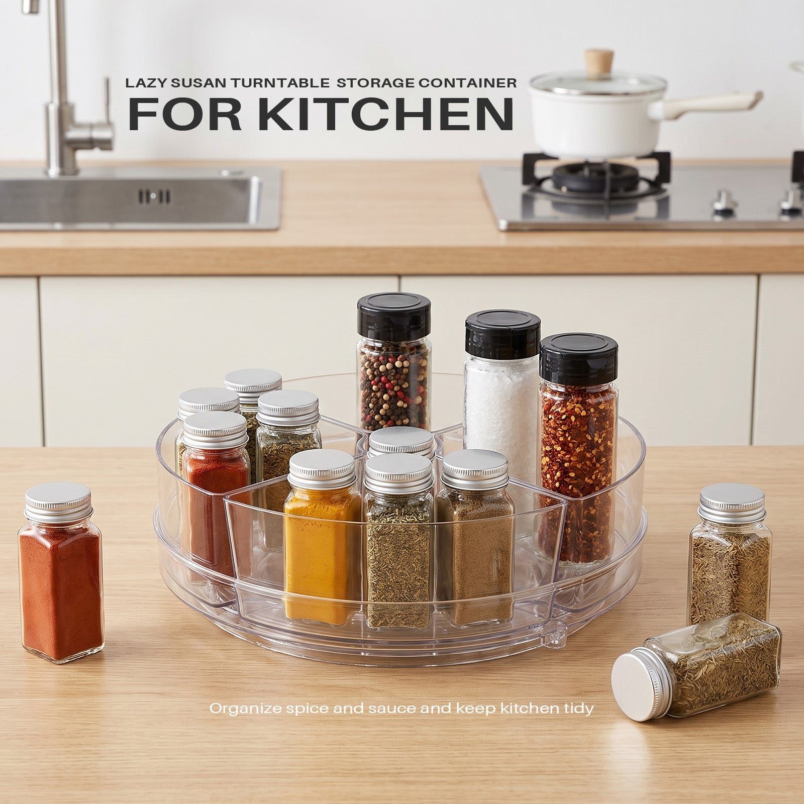 Slow Slog 9 inch Rotating Lazy Susan Organizer with 4 Removable Bins, Multi-Functional Turntable Storage for Fridge Kitchen Cabinet Vanity