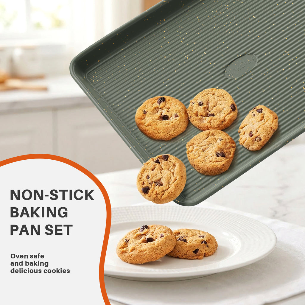 9pc Nonstick Ceramic Carbon Steel Bakeware Set, Stackable Oven Safe Baking Pans with Cooling Rack, Muffin & Cookie Sheet, Green