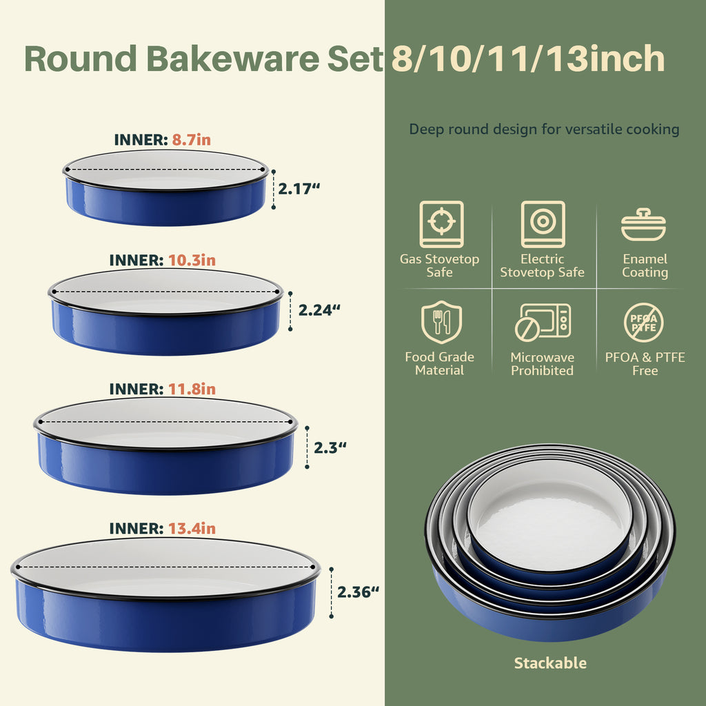 Enamel Roasting Pan Set Round Baking Dish 4-Pack 8/10/11/13 Inch Non Stick High Temperature Resistance Bakeware for Pizza & Salad, Oven Dishwasher Safe Mother Day Gift for Wife & Mom Cake Pan