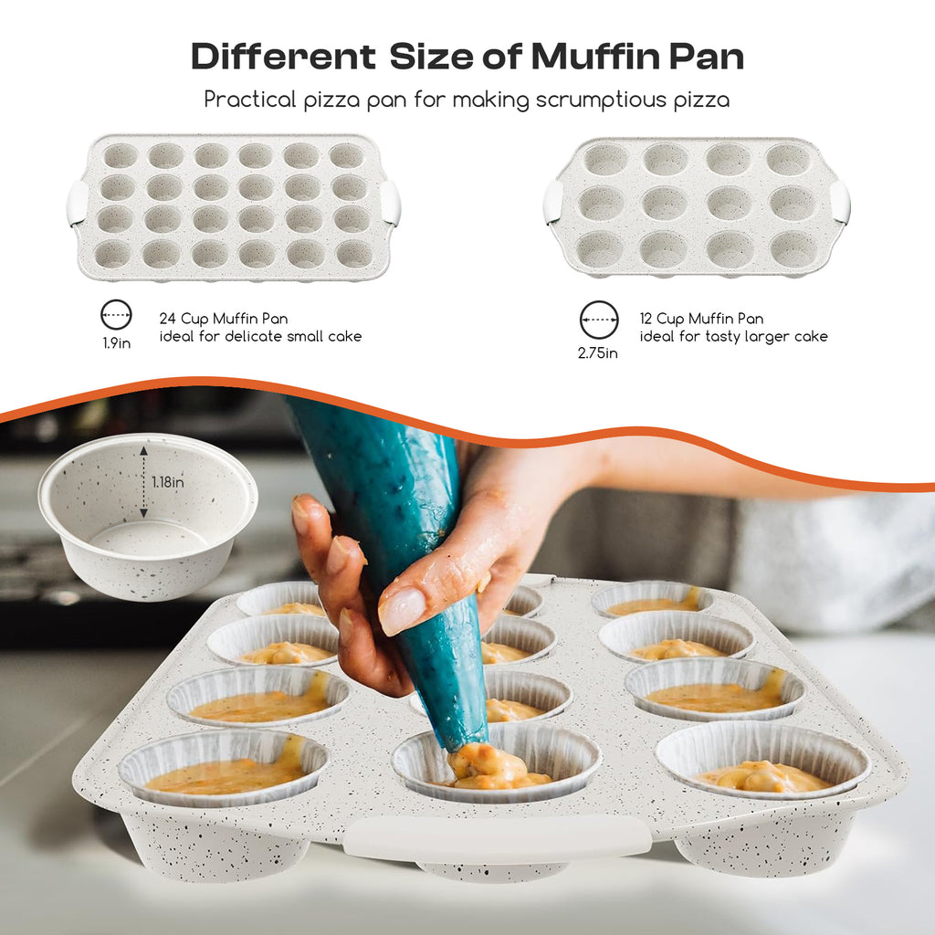 Slow Slog Nonstick Bakeware Set, 14-Piece Baking Pans Set, Stackable Baking Sheet Pans with Silicone Handles, White&White