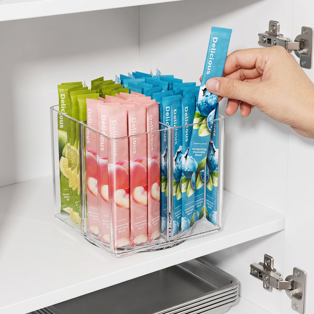 Slow Slog 360°Rotating Lazy Susan Storage Organizer,Divided Drink Packet Turntable with 4 Compartments for Kitchen & Living Room,Clear,Square