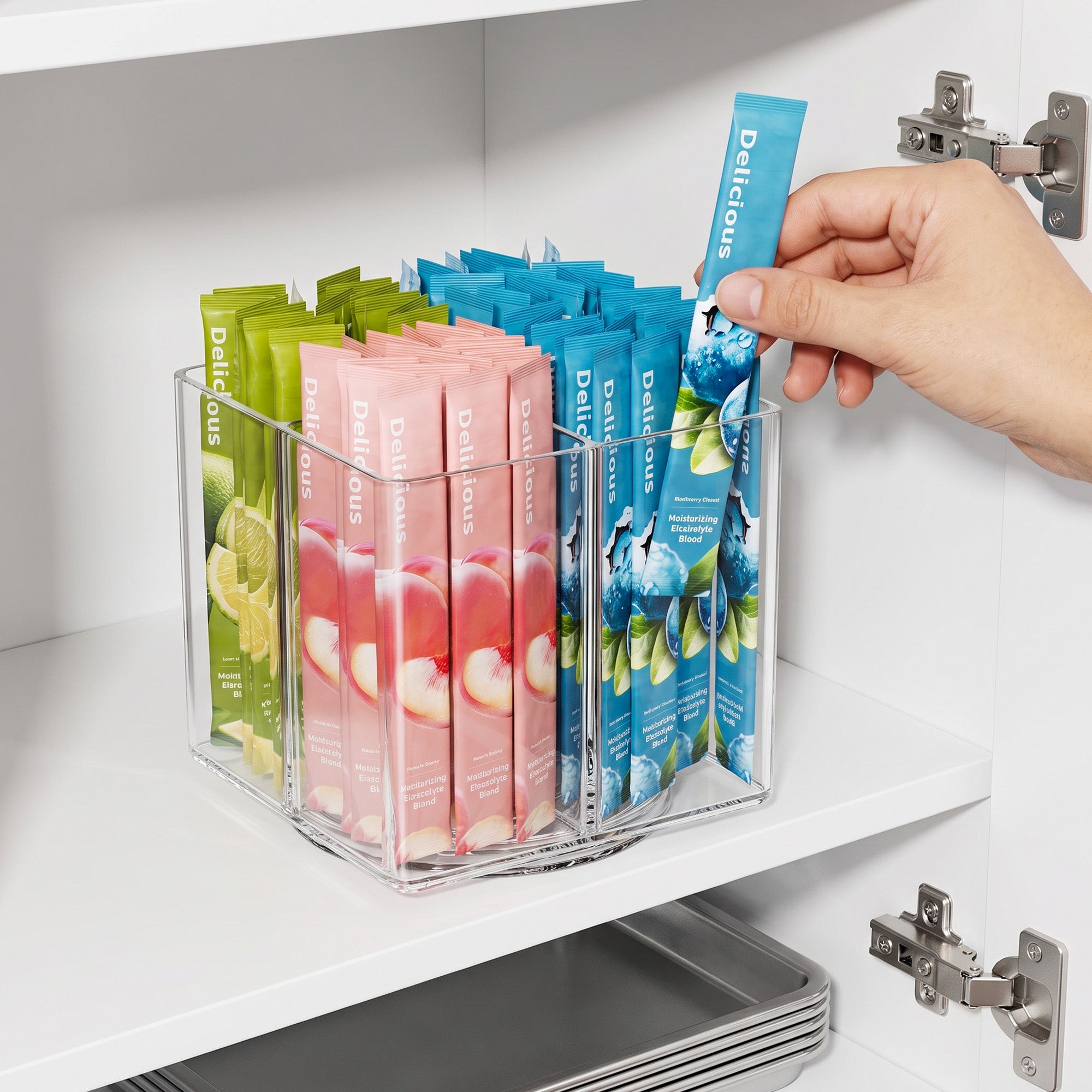 Slow Slog 360°Rotating Lazy Susan Storage Organizer,Divided Drink Packet Turntable with 4 Compartments for Kitchen & Living Room,Clear,Square