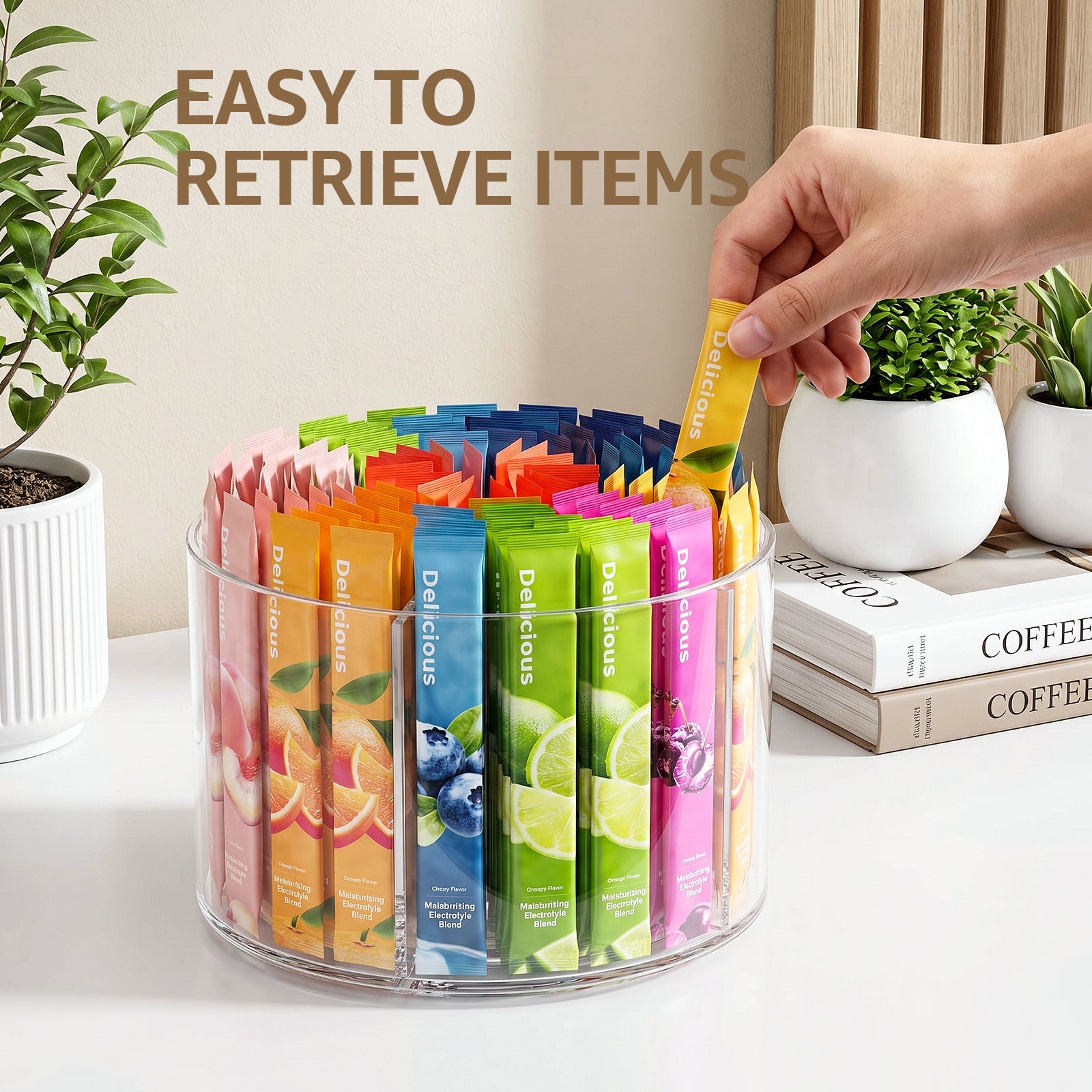 Clear 360° Rotating Lazy Susan Turntable Organizer, 4 Compartments Divided Storage Tray for Drink Packets, Countertop Storage for Kitchen Pantry Living Room