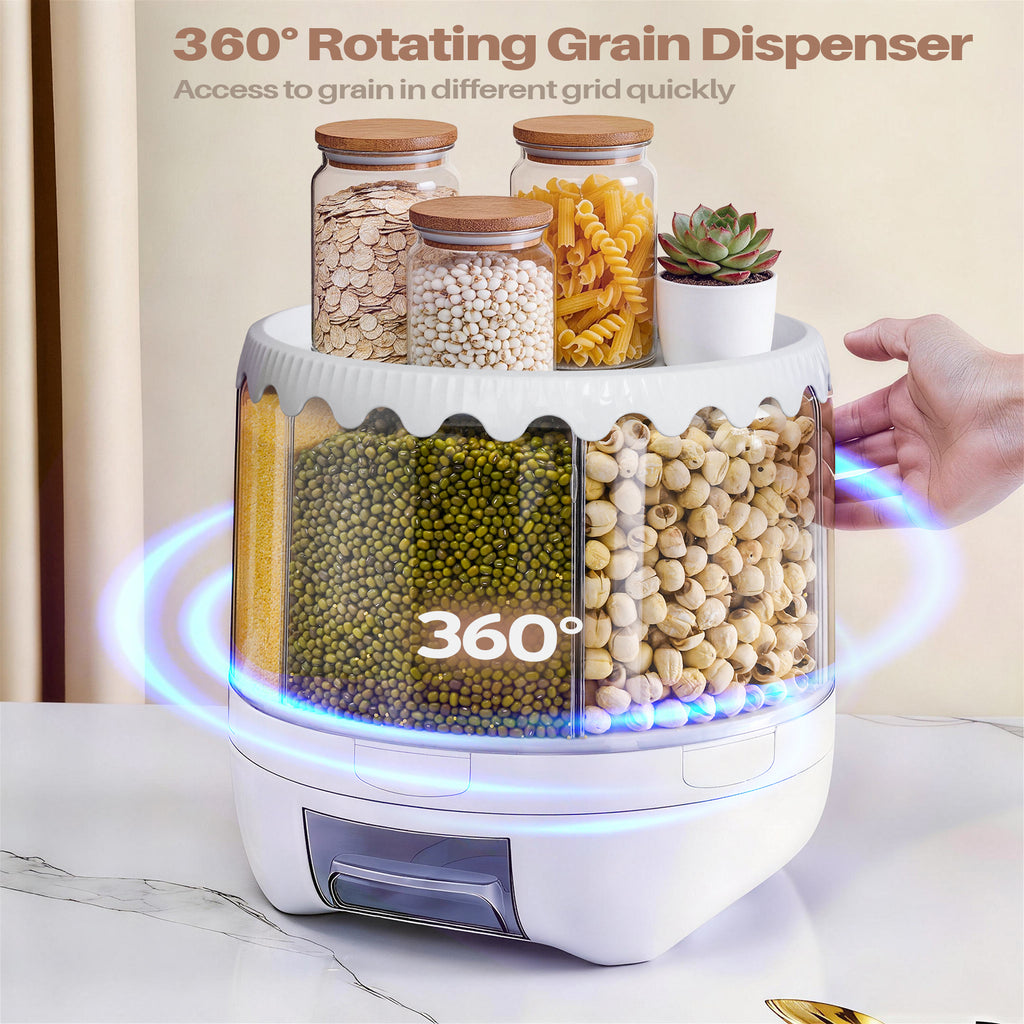 20 lbs Grain Dispenser, 360° Rotating Storage Container, 6 Grid Food Dispenser with Sealed Lid, Suitable for Grains, Beans, Rice, Peanut, Barley