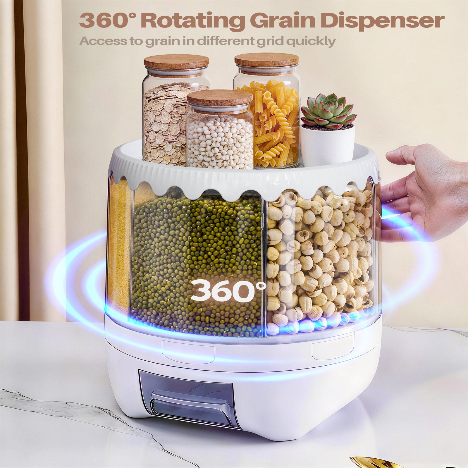 20 lbs Grain Dispenser, 360° Rotating Storage Container, 6 Grid Food Dispenser with Sealed Lid, Suitable for Grains, Beans, Rice, Peanut, Barley