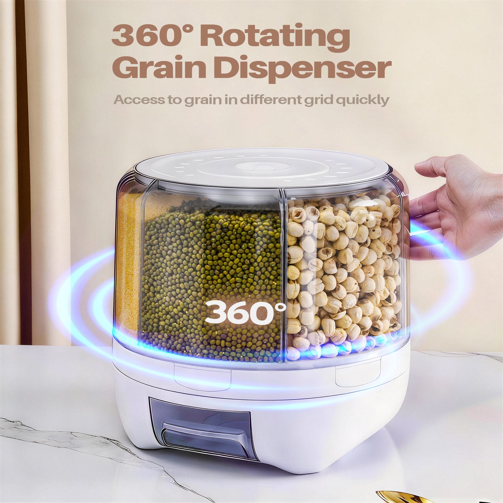 360°Rotating 20 lbs Grain Dispenser, Large Capacity 6 Grid Storage Container with Airtight Lid, Suitable for Peanuts, Barley, Rice and Grains