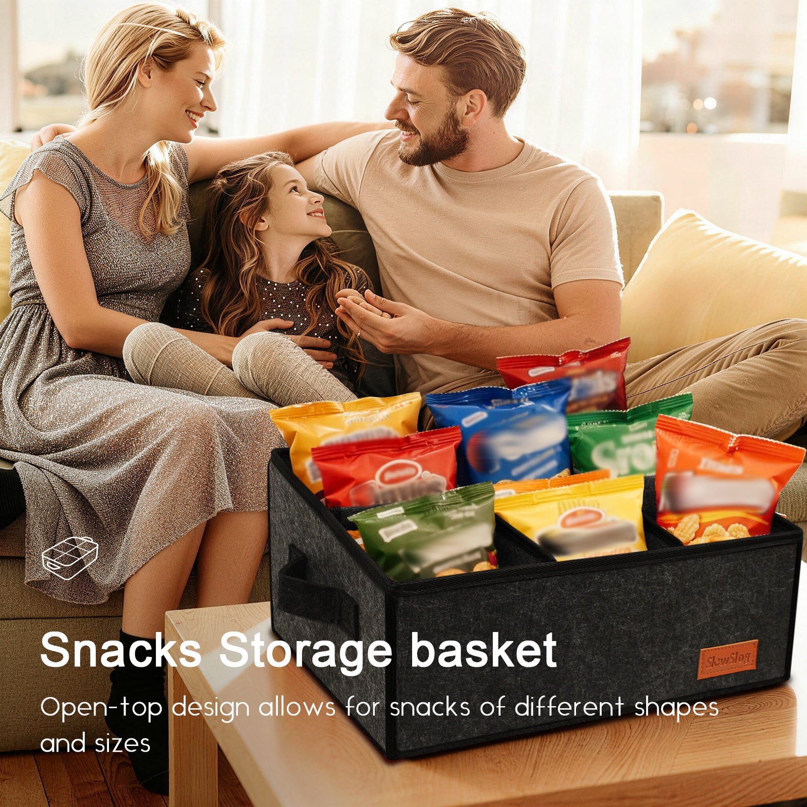 Foldable Snack Organizer 6-Compartment Fabric Snack Basket with Handles, Countertop Coffee Bar Storage Basket for Candy, Cookies, Chips and Bottled Drinks, Dark Gray