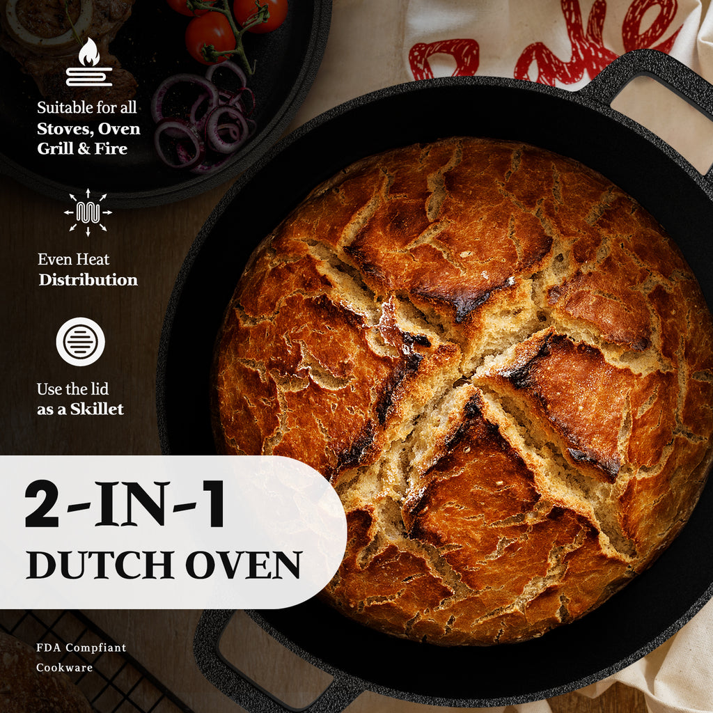 Dutch Oven for Sourdough Bread Baking and Supplies incl. Banneton, Bread Sling, Lame, Dough Whisk, Cast Iron Pot Set