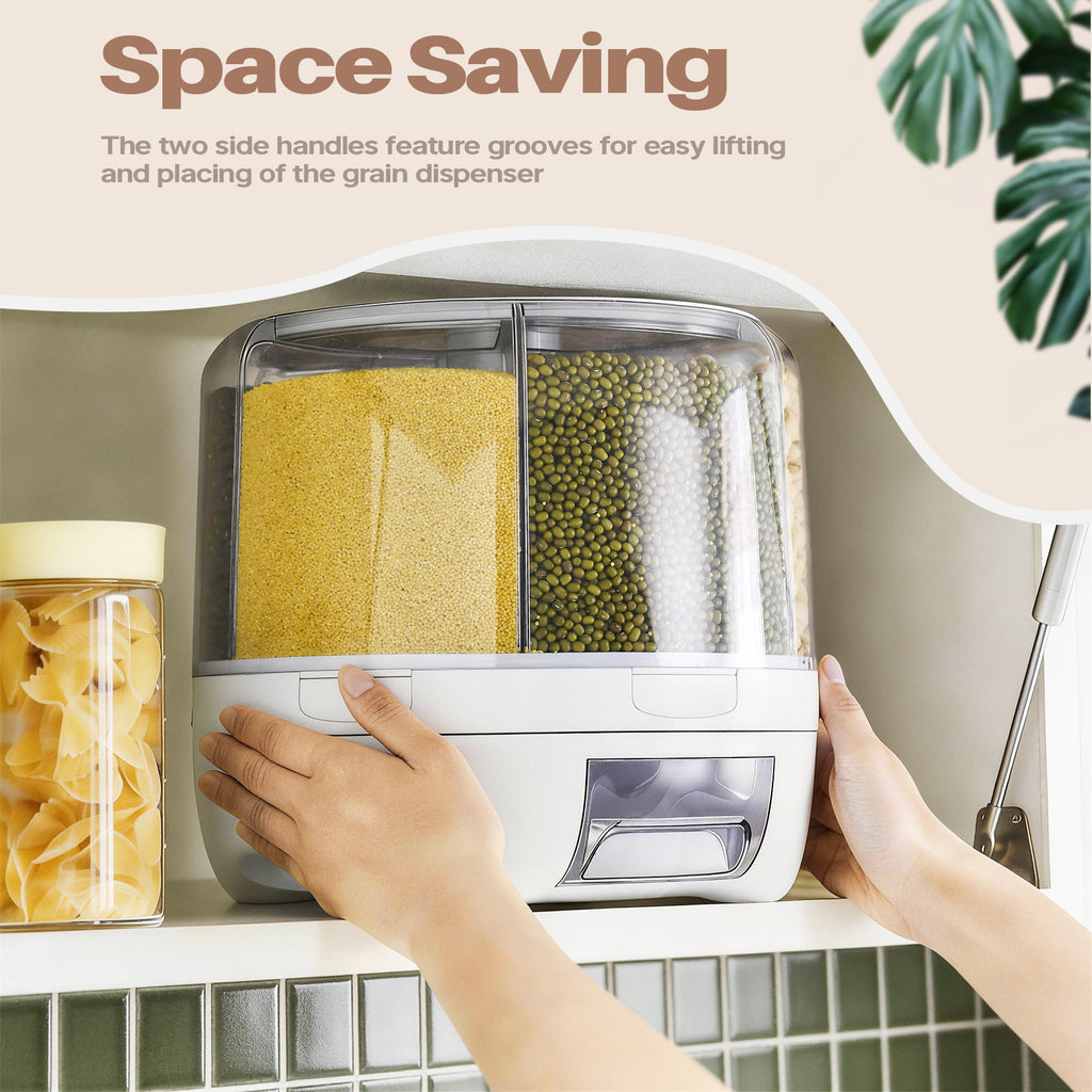 360°Rotating 20 lbs Grain Dispenser, Large Capacity 6 Grid Storage Container with Airtight Lid, Suitable for Peanuts, Barley, Rice and Grains