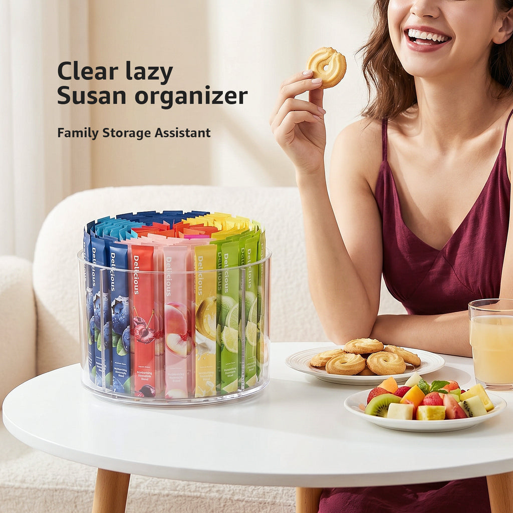 Clear 360° Rotating Lazy Susan Turntable Organizer, 4 Compartments Divided Storage Tray for Drink Packets, Countertop Storage for Kitchen Pantry Living Room