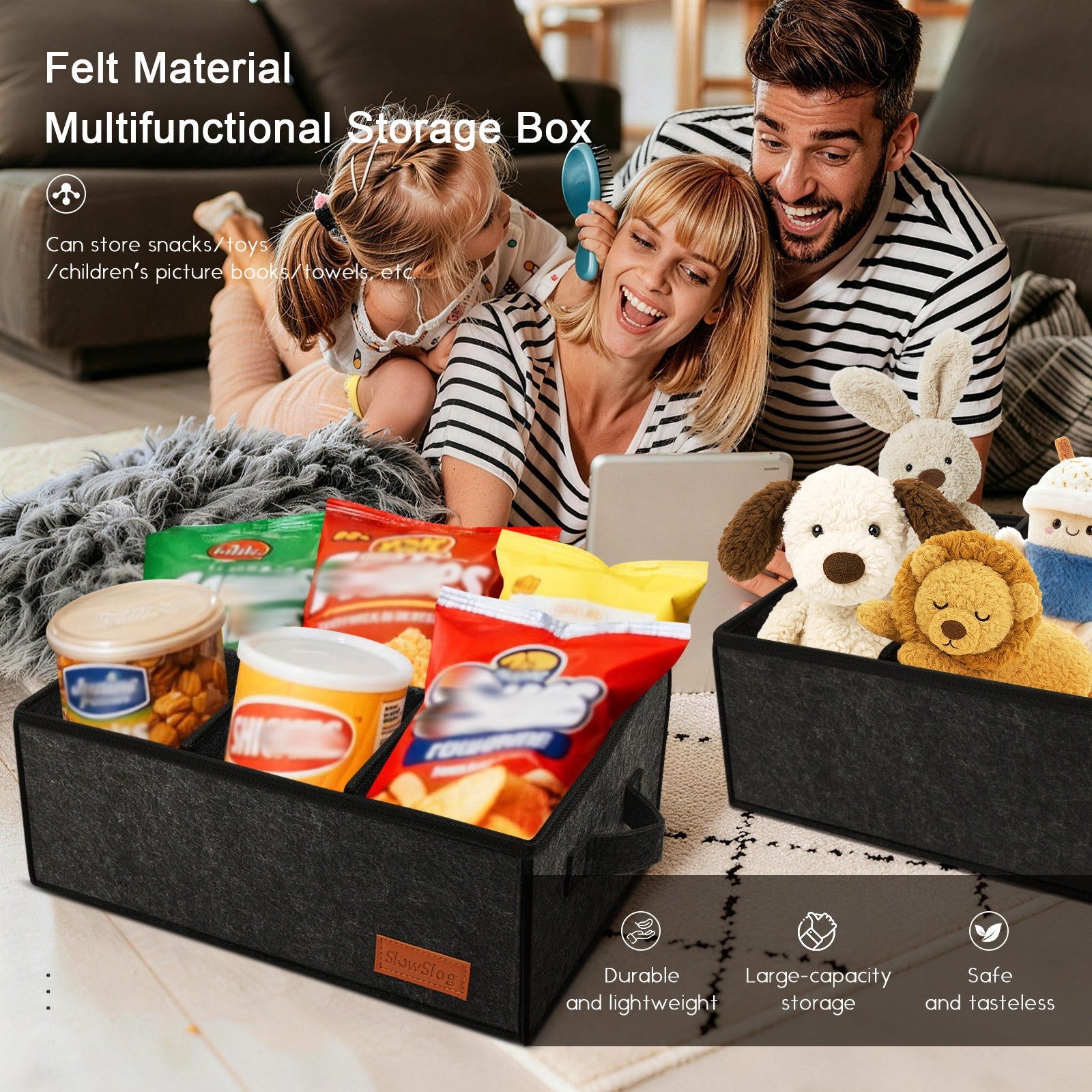 Foldable Snack Organizer 6-Compartment Fabric Snack Basket with Handles, Countertop Coffee Bar Storage Basket for Candy, Cookies, Chips and Bottled Drinks, Dark Gray