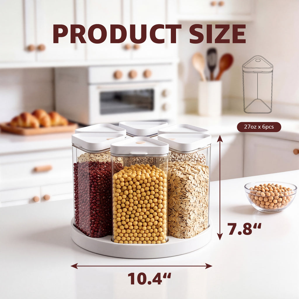 Rotating Rice Dispenser 6 Grid Cereal Dispenser for Pantry, PET Grain Canister Sets 6 Grids, 360° Rotating Grain Storage Container with Lids