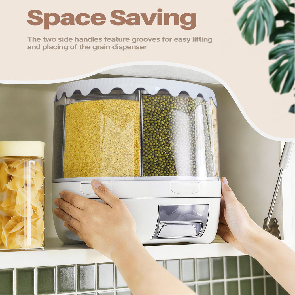 20 lbs Grain Dispenser, 360° Rotating Storage Container, 6 Grid Food Dispenser with Sealed Lid, Suitable for Grains, Beans, Rice, Peanut, Barley
