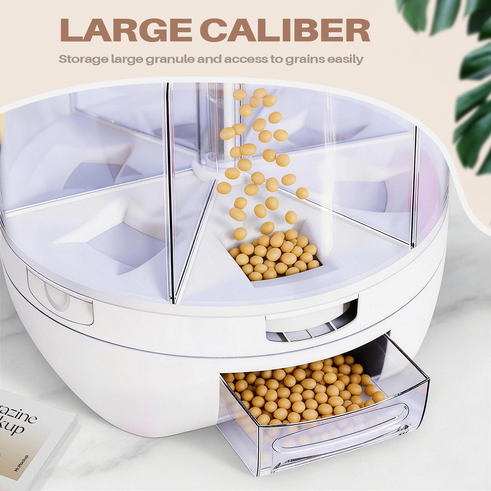 20 lbs Grain Dispenser, 360° Rotating Storage Container, 6 Grid Food Dispenser with Sealed Lid, Suitable for Grains, Beans, Rice, Peanut, Barley