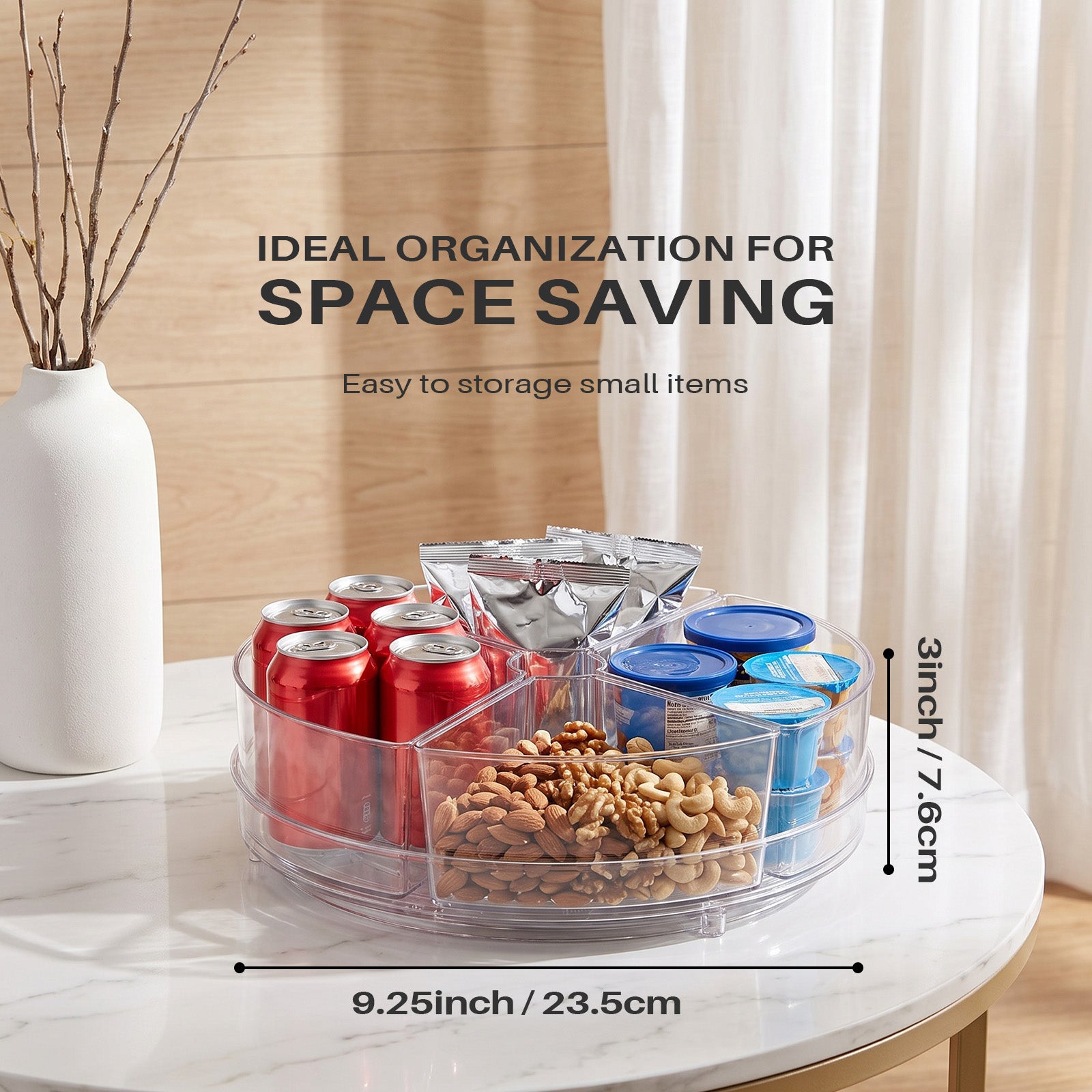 Slow Slog 9 inch Rotating Lazy Susan Organizer with 4 Removable Bins, Multi-Functional Turntable Storage for Fridge Kitchen Cabinet Vanity