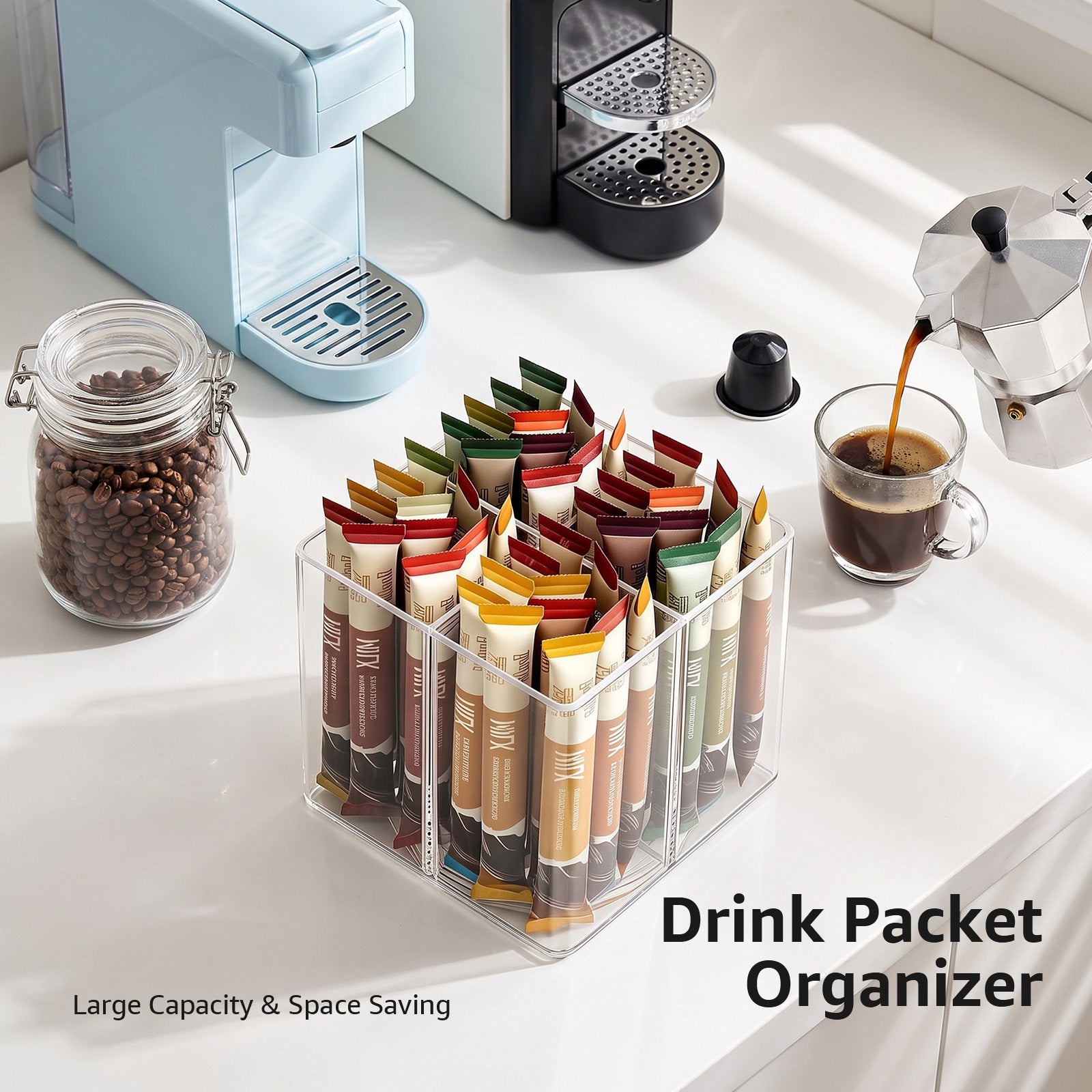 Slow Slog 360°Rotating Lazy Susan Storage Organizer,Divided Drink Packet Turntable with 4 Compartments for Kitchen & Living Room,Clear,Square