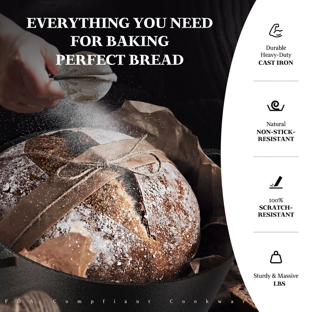 Dutch Oven for Sourdough Bread Baking and Supplies incl. Banneton, Bread Sling, Lame, Dough Whisk, Cast Iron Pot Set