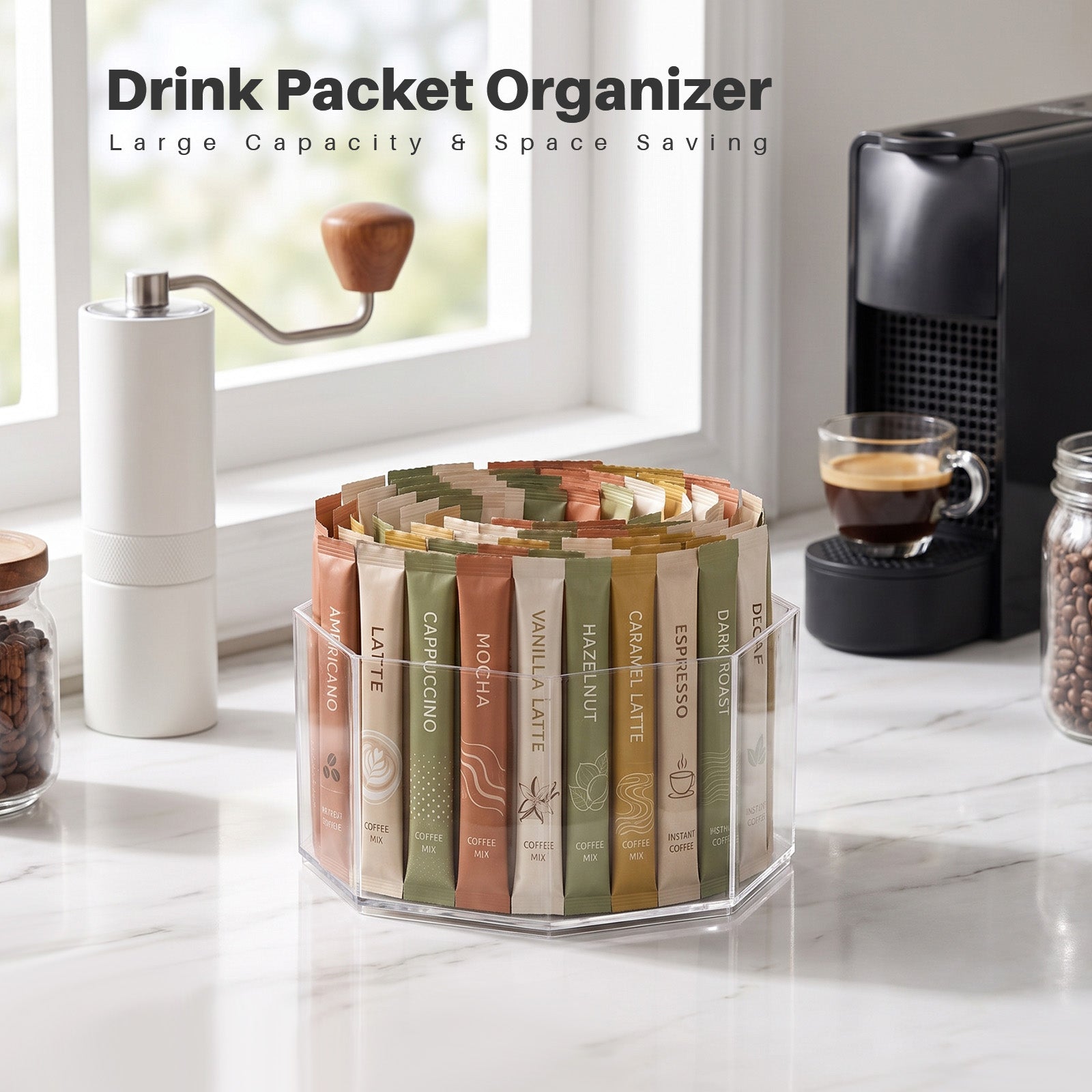 Divided Drink Packet Organizer, Rotating Turntable Organizer with 5 Compartments,Clear Lazy Susan for Water Flavor Packets,Coffee,Tea,OctagonOptiwise.ai