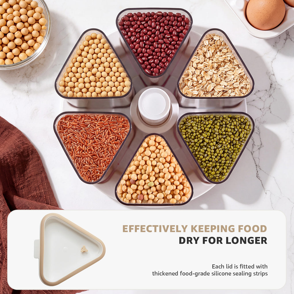 Rotating Rice Dispenser 6 Grid Cereal Dispenser for Pantry, PET Grain Canister Sets 6 Grids, 360° Rotating Grain Storage Container with Lids