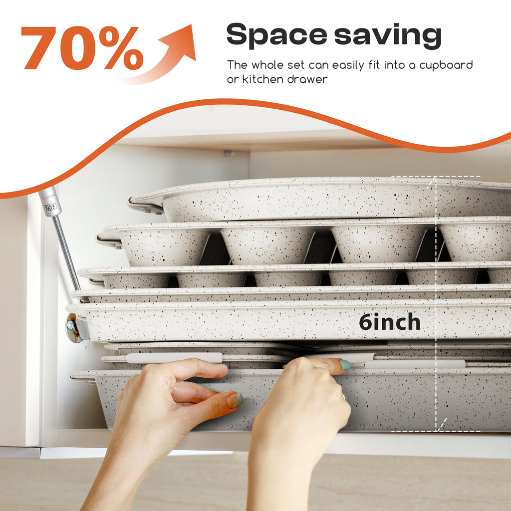 Slow Slog Nonstick Bakeware Set, 14-Piece Baking Pans Set, Stackable Baking Sheet Pans with Silicone Handles, White&White