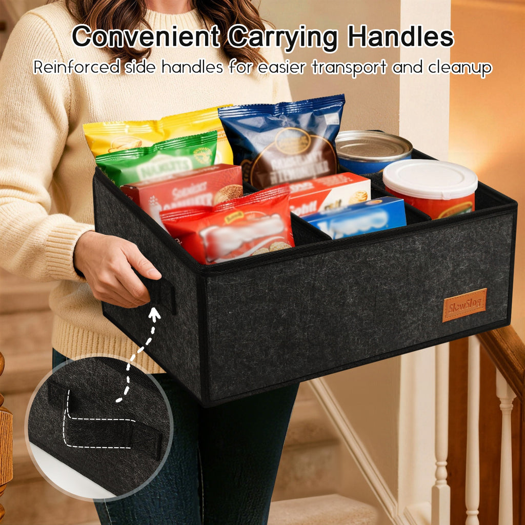 Foldable Snack Organizer 6-Compartment Fabric Snack Basket with Handles, Countertop Coffee Bar Storage Basket for Candy, Cookies, Chips and Bottled Drinks, Dark Gray
