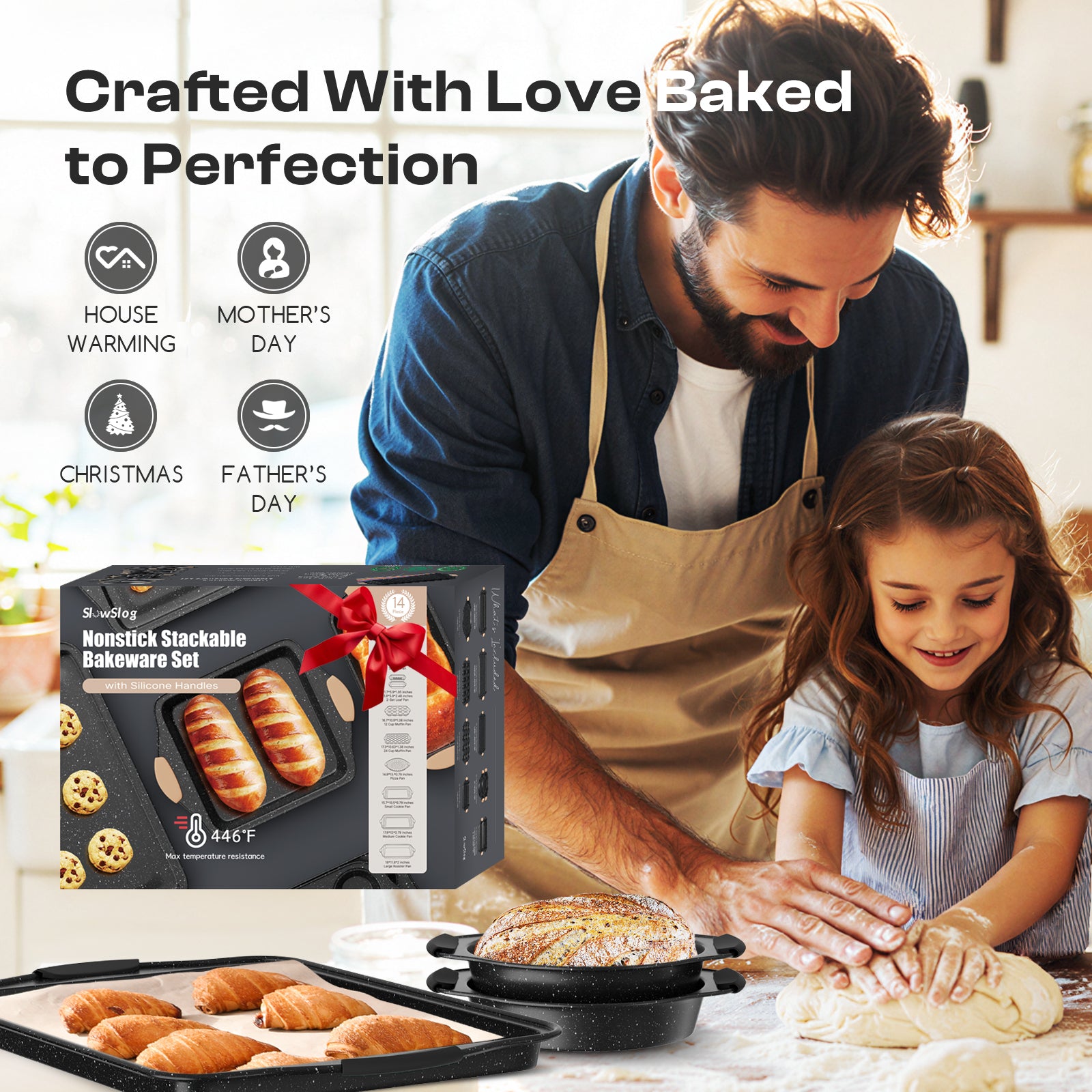Slow Slog Nonstick Bakeware Set, 14-Piece Baking Pans Set, Stackable Baking Sheet Pans with Silicone Handles,Black&Black