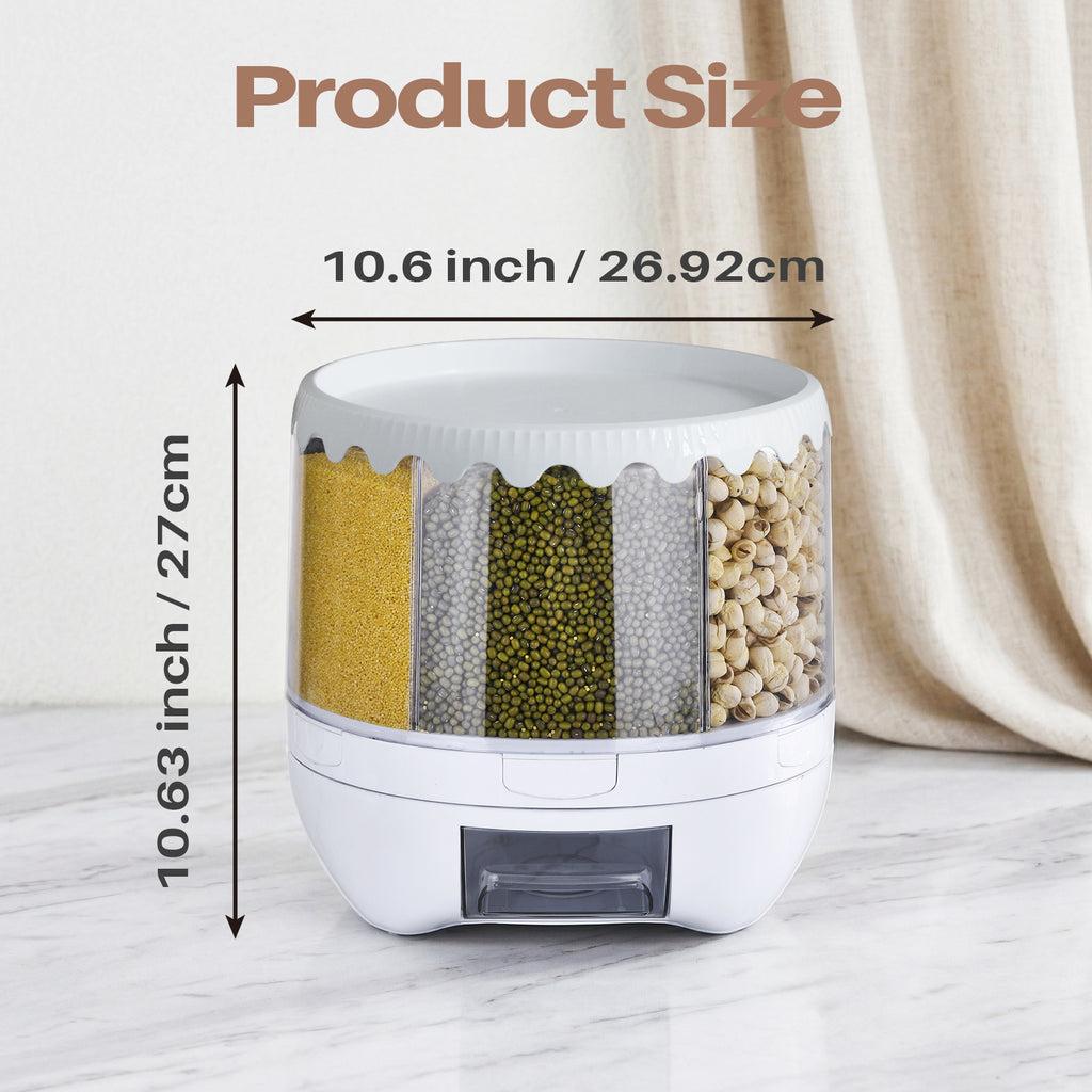 20 lbs Grain Dispenser, 360° Rotating Storage Container, 6 Grid Food Dispenser with Sealed Lid, Suitable for Grains, Beans, Rice, Peanut, Barley