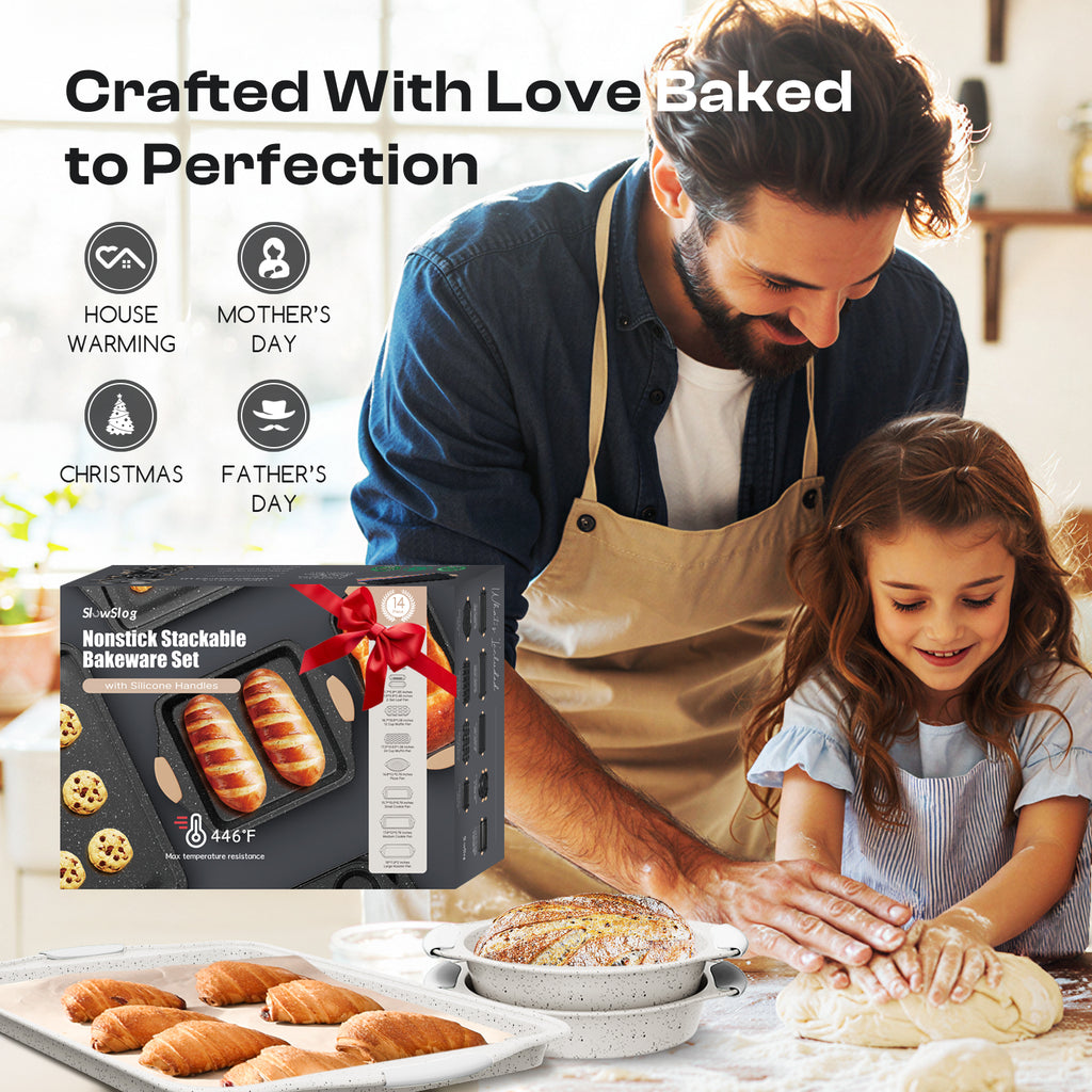 Slow Slog Nonstick Bakeware Set, 14-Piece Baking Pans Set, Stackable Baking Sheet Pans with Silicone Handles, White&White