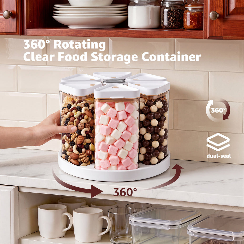 Rotating Rice Dispenser 6 Grid Cereal Dispenser for Pantry, PET Grain Canister Sets 6 Grids, 360° Rotating Grain Storage Container with Lids